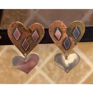 James Avery Hammered Brass and Sterling Silver Dangle Heart Earrings Vintage